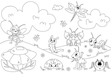 Cartoon coloring book page for kids. Black outline vector illustration for children with flowers, cute caterpillar, grasshopper, bee, butterfly and happy ladybug on white background.
