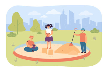 Cute cartoon children playing in sandbox together. Kids with plastic buckets, pile of sand flat vector illustration. Childhood, communication, entertainment concept for banner or landing web page