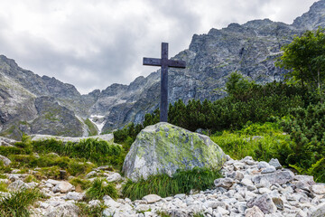 The cross on the top of the peak in the High Tatras mountains