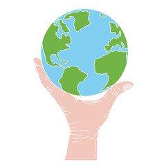 Man's hand is holding a world globe. Earth day. Hand Drawn. Freehand drawing. Sketch.	