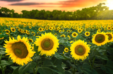 sunflowers in field with a yellow sunset