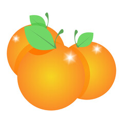 Three orange oranges with green leaves