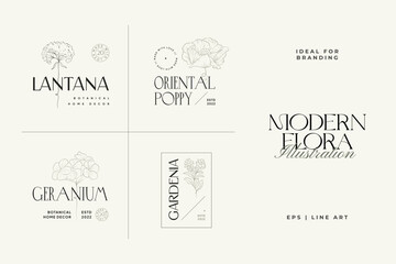 Vintage Flowers Vector Signs or Logo Templates. Retro Floral Illustration with Classy Typography. Feminine Logo. Modern Logo Template for florist, photographer, fashion blogger, design studio.