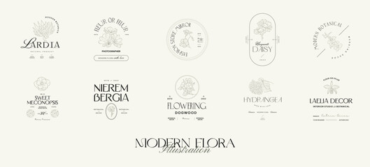 Vintage Flowers Vector Signs or Logo Templates. Retro Floral Illustration with Classy Typography. Feminine Logo. Modern Logo Template for florist, photographer, fashion blogger, design studio.