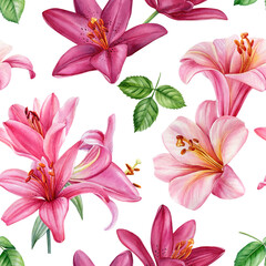 Flower seamless pattern. pink lily, watercolor flora illustration