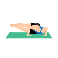 Man practicing yoga, doing arm stand Astavakrasana, asymmetrical arm balance Eight-Angle Pose. Flat vector illustration isolated on white background