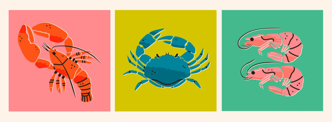 Set of hand drawn Lobster, Shrimps, Crab. Seafood shop logo, signboard, restaurant menu, fish market, banner, poster design templates. Fresh shellfish products. Trendy Vector illustration. Flat design © Dariia