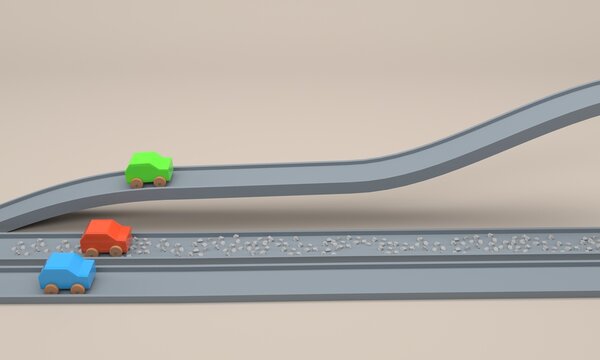 toy cars racing on tracks of various types ( 3d illustration )