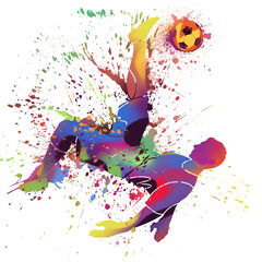 Fototapeta na wymiar A Man Football Player in Watercolor Style. Fly up and Kick a Soccer Ball. Concept Art. Book Illustration. Video Game Characters. Serious Digital Painting. CG Artwork.