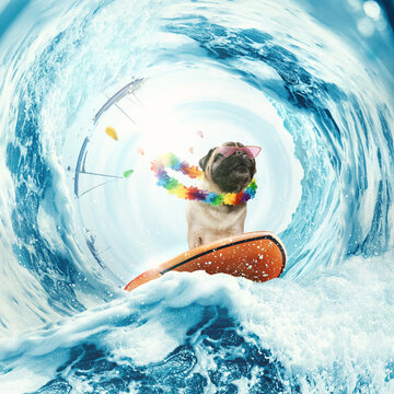 Collage with happy cute pug dog surfing on huge wave in ocean or sea on summer vacation with pink sunglasses and hawaii flower chain. Concept of hobbies, animal, adventures