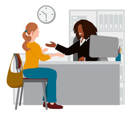 Dark-skinned female manager is sitting at a table. Woman is sitting on a chair. Girl communicates with the supervisor. Discussion between the boss and the subordinate. Vector illustration, flat style