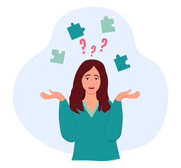 Surprised young girl spreads her hands. She has question marks and pieces of a disassembled puzzle hanging over her head. Vector illustration in flat style 