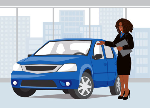 Car showroom. Dark-skinned seller woman shows a blue car to a customer. City landscape in the background. Buying, selling or renting a car. Vector illustration in flat style
