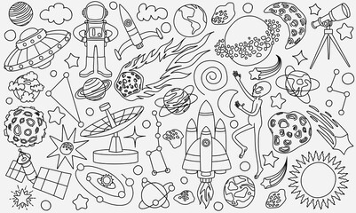 hand drawn doodles cartoon set of Space objects