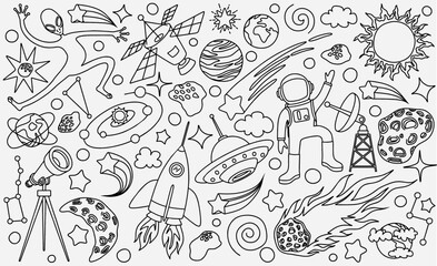 hand drawn doodles cartoon set of Space objects