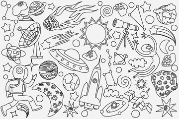 hand drawn doodles cartoon set of Space objects