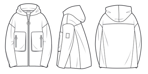 Zip-up Hooded Coat technical fashion illustration, oversized,  long sleeves, patch pockets. Unisex Jacket Coat template front, back, side views, white. Coat women men unisex  CAD mockup. © Liubov Hladka