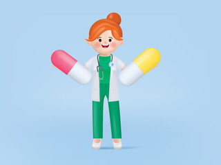 3d vector illustration cartoon cute doctor woman character with a red heart shape.
