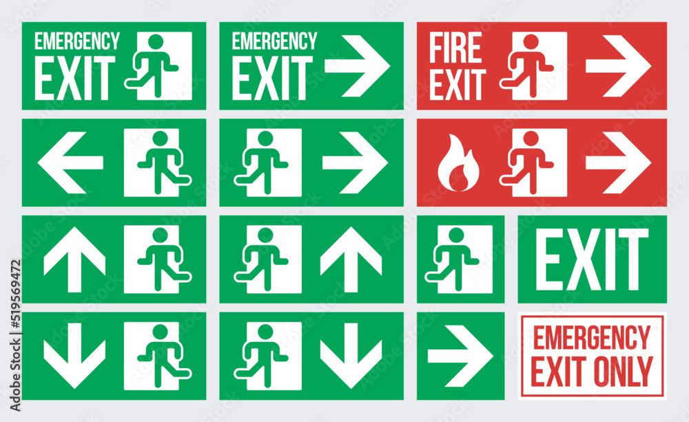 Poster emergency exit with direction arrow sign, green exit sign, red fire exit sign board. set of informat