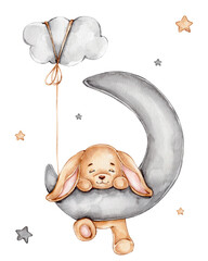 Cute bunny on grey moon; watercolor hand drawn illustration; with white isolated background - obrazy, fototapety, plakaty