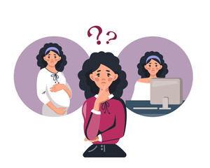 Difficult choice. A young brunette girl chooses between a career and a family