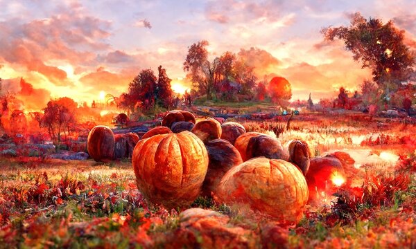 Fantasy autumn rural landscape with giant pumpkins on a field. Beautiful autumn sky. Digital painting illustration.