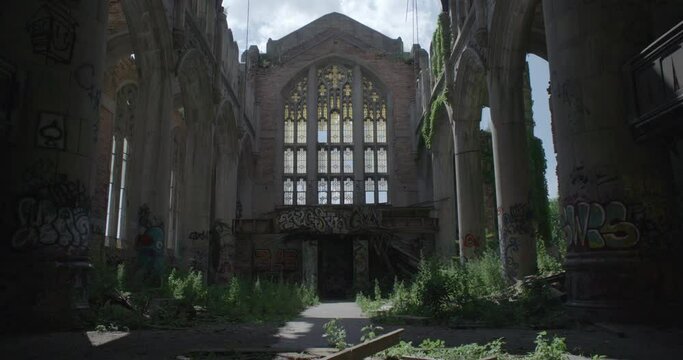 wide day interior of abandoned cathedral in gary indiana