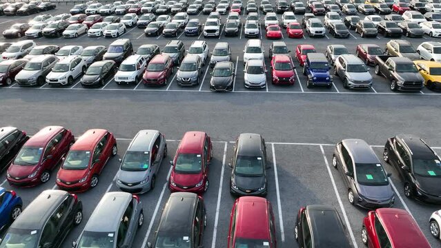 Low truck shot of cars sitting in full parking lot at auto auction. Vehicles are bought, sold, and traded. Aerial view.