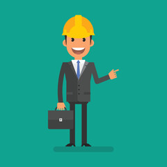 Businessman in hardhat holding briefcase and points his finger at