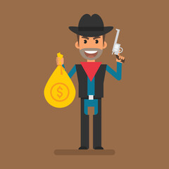 Cowboy robber holding bag to money and holding revolver