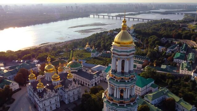 Kyivo-Pecherska Lavra and the Dnipro River , at sunrise time, taken with drone, Ukraine