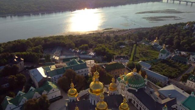 Kyivo-Pecherska Lavra and the Dnipro River , at sunrise time, taken with drone, Ukraine