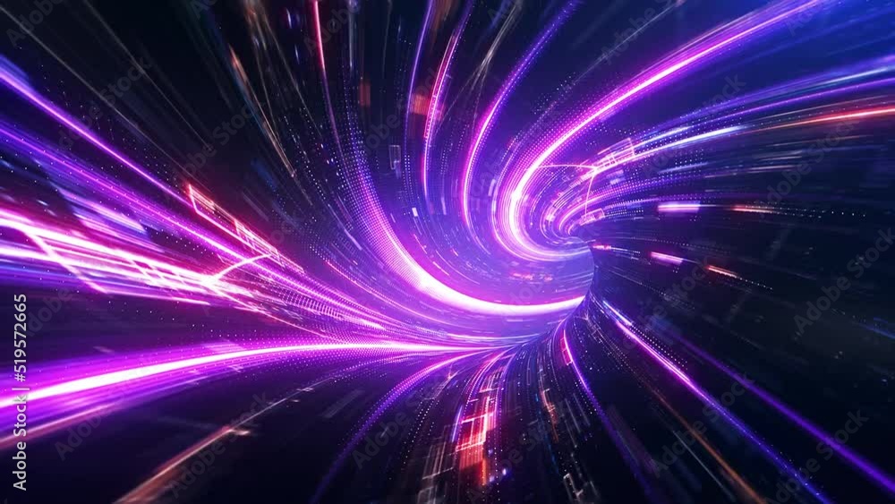Poster speed of digital lights, neon glowing rays in motion into digital technologic tunnels. 3d animation