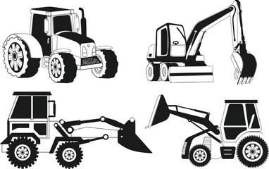Set of Construction vehicles line art Vectors Silhouettes