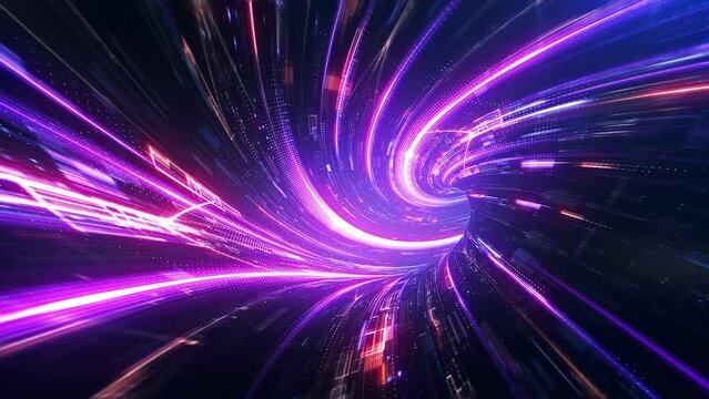Speed of digital lights, neon glowing rays in motion into digital technologic tunnels. 3D animation
