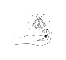Magic hands with night moth outline. Celestial and mystical butterfly wings for branding or logo cosmetics and beauty products simple linear style. Doodle line art Vector illustration
