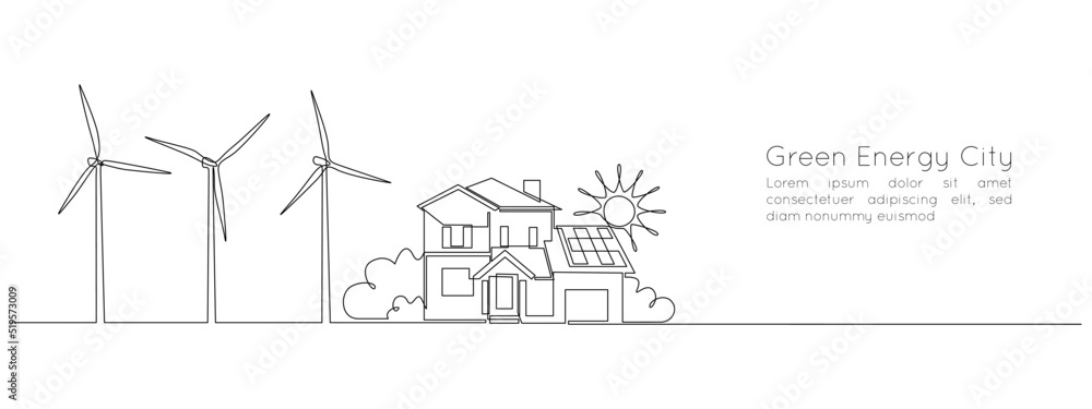 Leinwandbilder one continuous line drawing of house with solar panel on the roof and wind turbines. green energy an