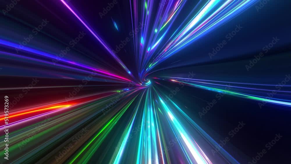 Poster abstract tunnel of a multicolor spectrum background. bright rays of neon light and colorful glowing 