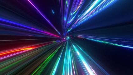 Abstract tunnel of a multicolor spectrum background. Bright rays of neon light and colorful glowing lines moving speed through the dark. 3d render - Powered by Adobe