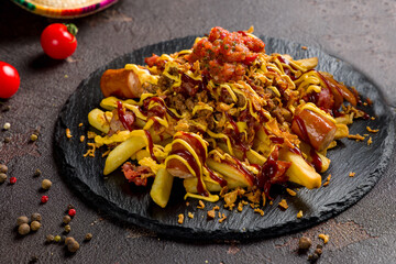 French fries with sausage, cheese sauce, salsa and meat, chile con carne, Mexican style