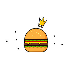 Cartoon burger and crown illustration. Vector image.