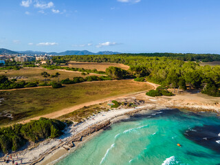 Fototapeta na wymiar Sa Coma Beach in the Summer from Drone Mallorca Aerial Photo, Spain