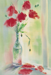 Red poppies in vase in green summer watercolor background