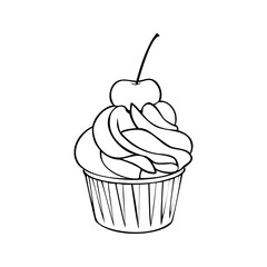 Monochrome picture, muffin with cream and cherry berry, cupcake in a paper cup, vector illustration