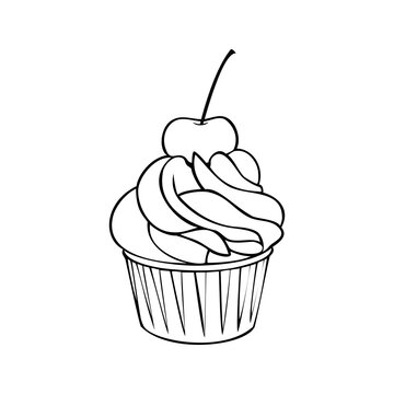 Monochrome picture, muffin with cream and cherry berry, cupcake in a paper cup, vector illustration
