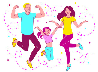 Cheerful vector portrait of excited attractive emotion jumping happy family: dad daddy mom mommy and kid. Vivid concept of spending spare free time, win, achievement, isolated over white background