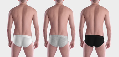 Template of white, black, heather tight brief on a muscular man, isolated on background, back view.