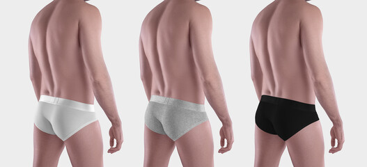Mockup of white, black, heather tight brief on a muscular guy, close-up, isolated on background, back.