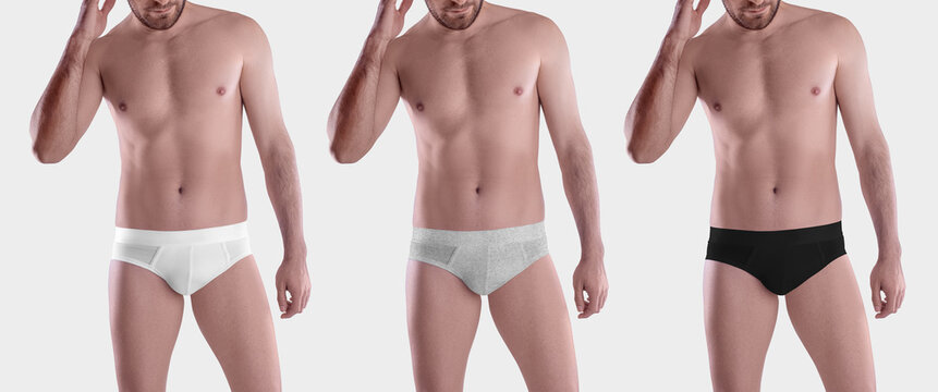 White, black, heather brief mockup on muscular guy, front view, for design, print, pattern.