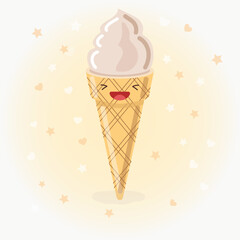 Cute ice cream cone vector icon illustration. Sticker cartoon logo. Food icon concept.  Flat cartoon style suitable for web landing page, banner, sticker, background. Kawaii ice cream cone.